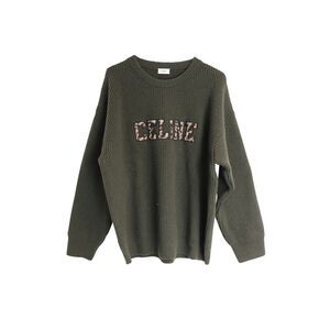 Celine Oversized Leopard Logo Crewneck Sweater In Green Wool